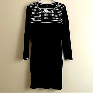 NWT Yest women’s size US 6 black sweater dress with pearl detail neckline.